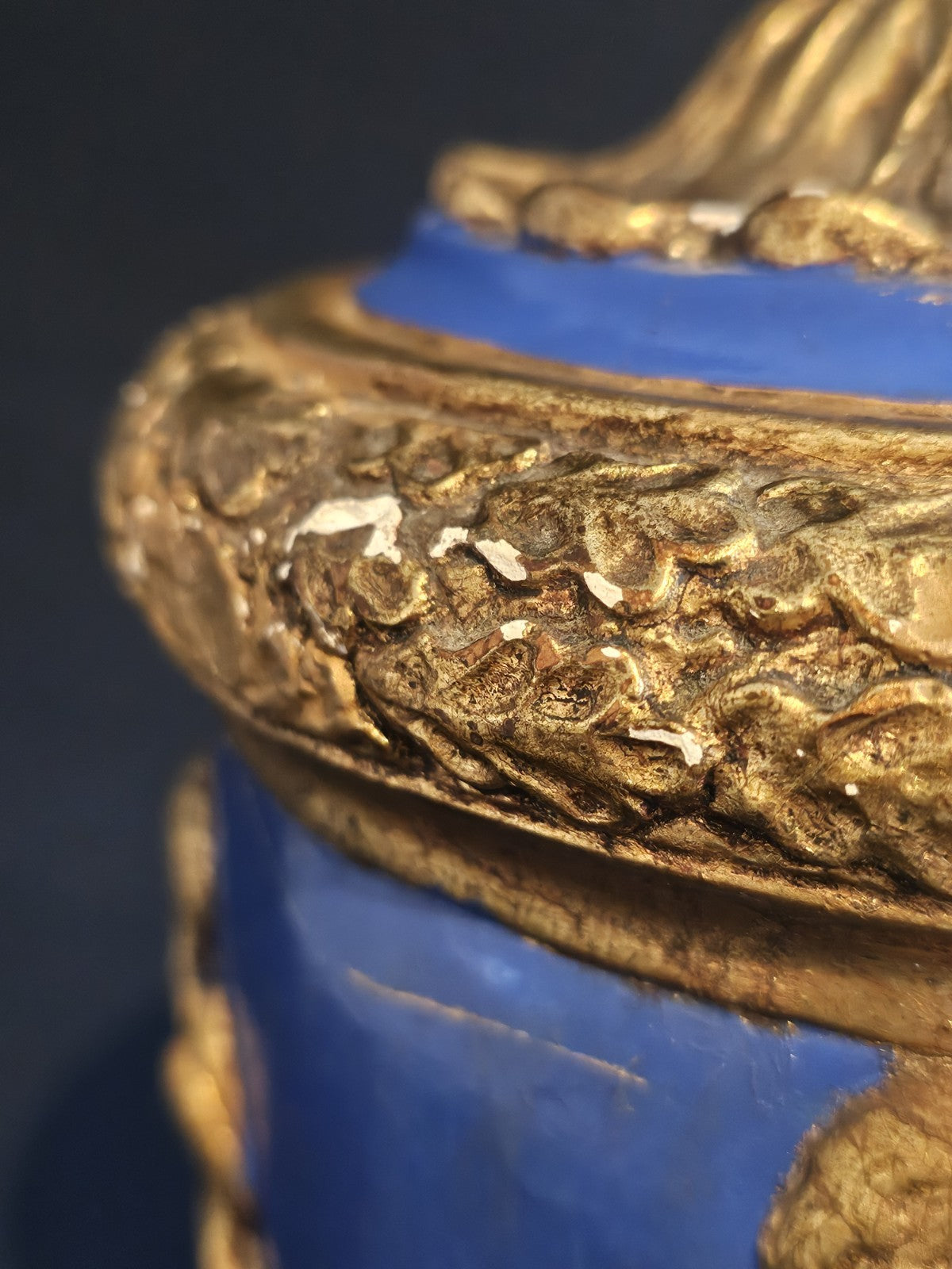 A Vintage Rococo Style Table Lamp Moulded with Cherubs in Blue & Gold