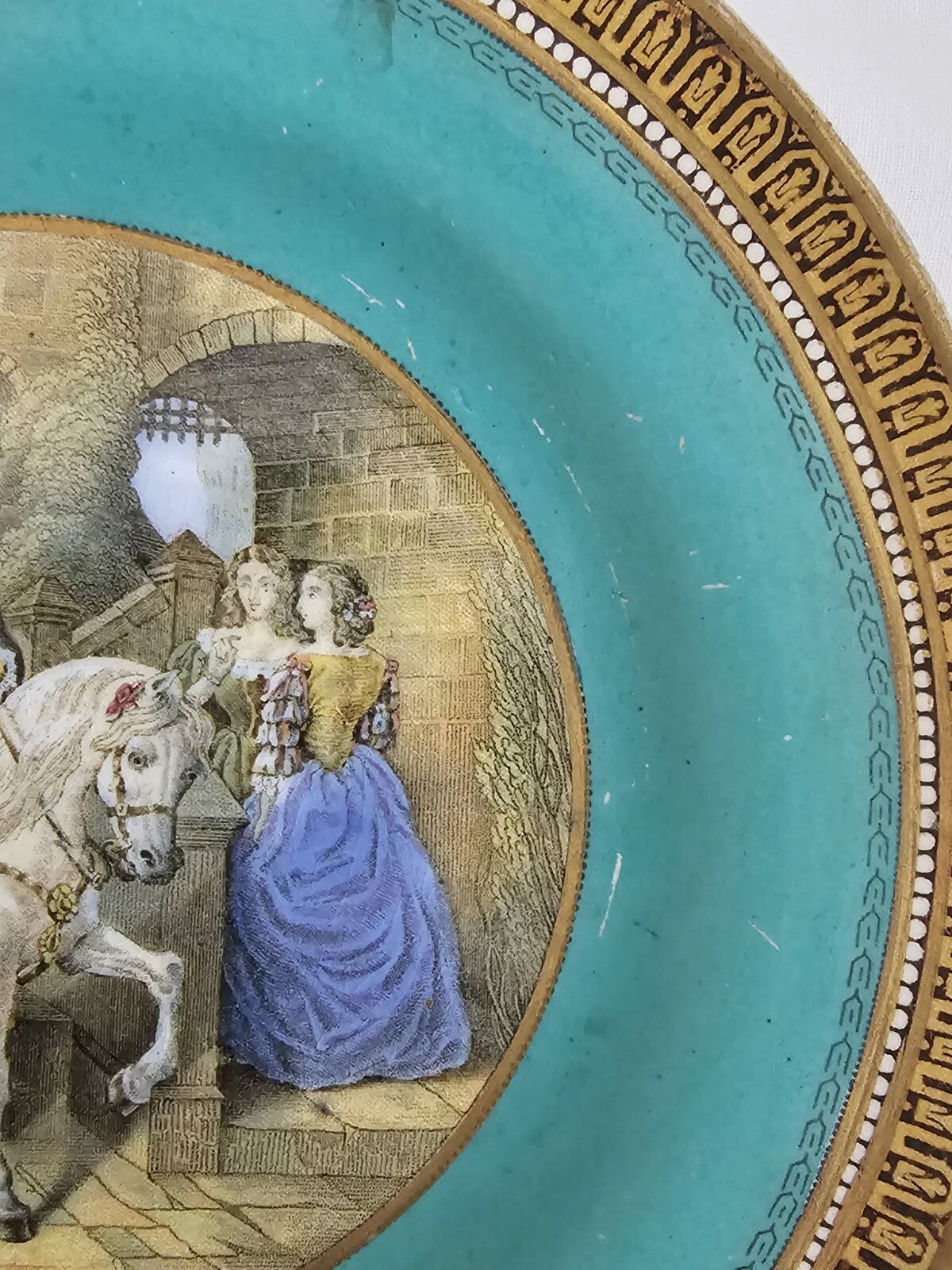 An Antique 19thC Prattware Plate with Green Boarder - The Cavalier