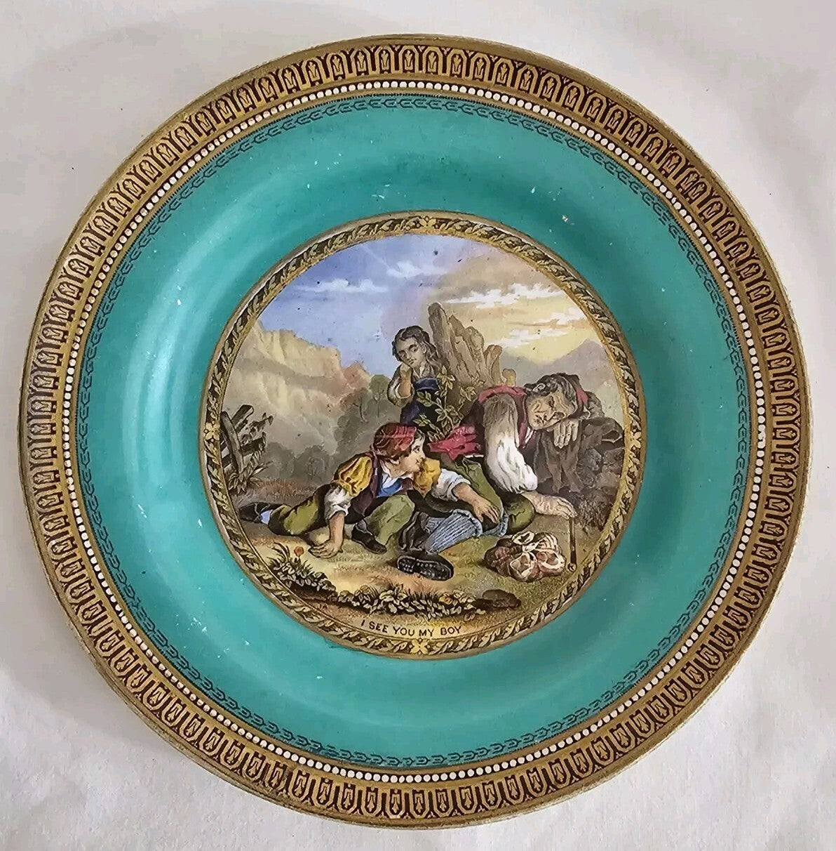 An Antique 19thC Prattware Plate with Green Boarder - I See You My Boy