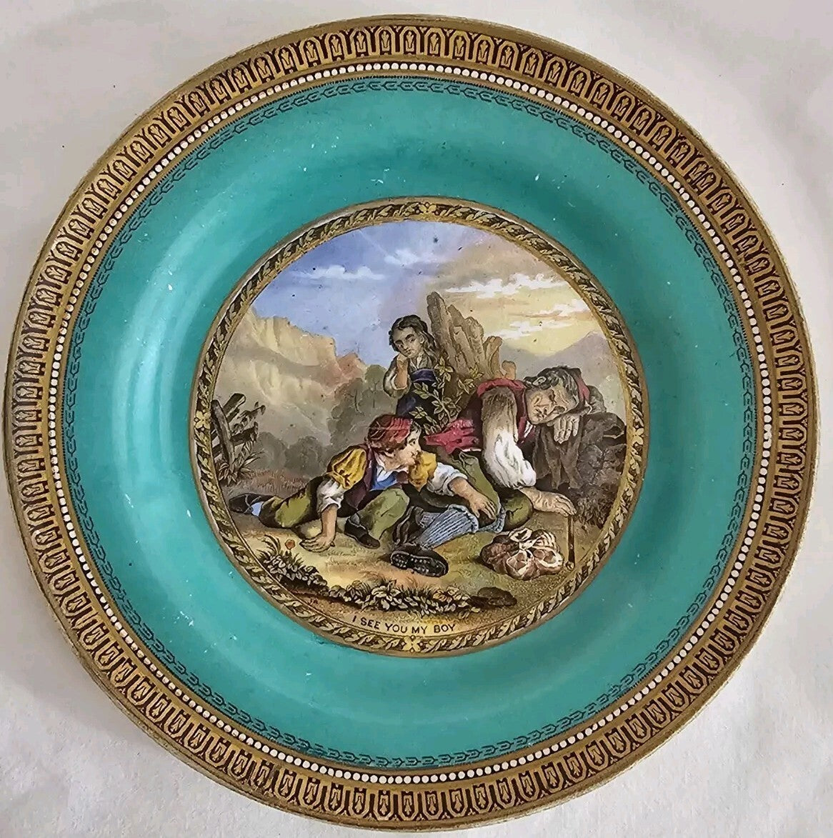An Antique 19thC Prattware Plate with Green Boarder - I See You My Boy