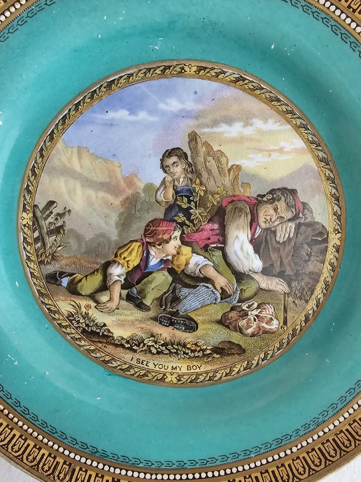 An Antique 19thC Prattware Plate with Green Boarder - I See You My Boy