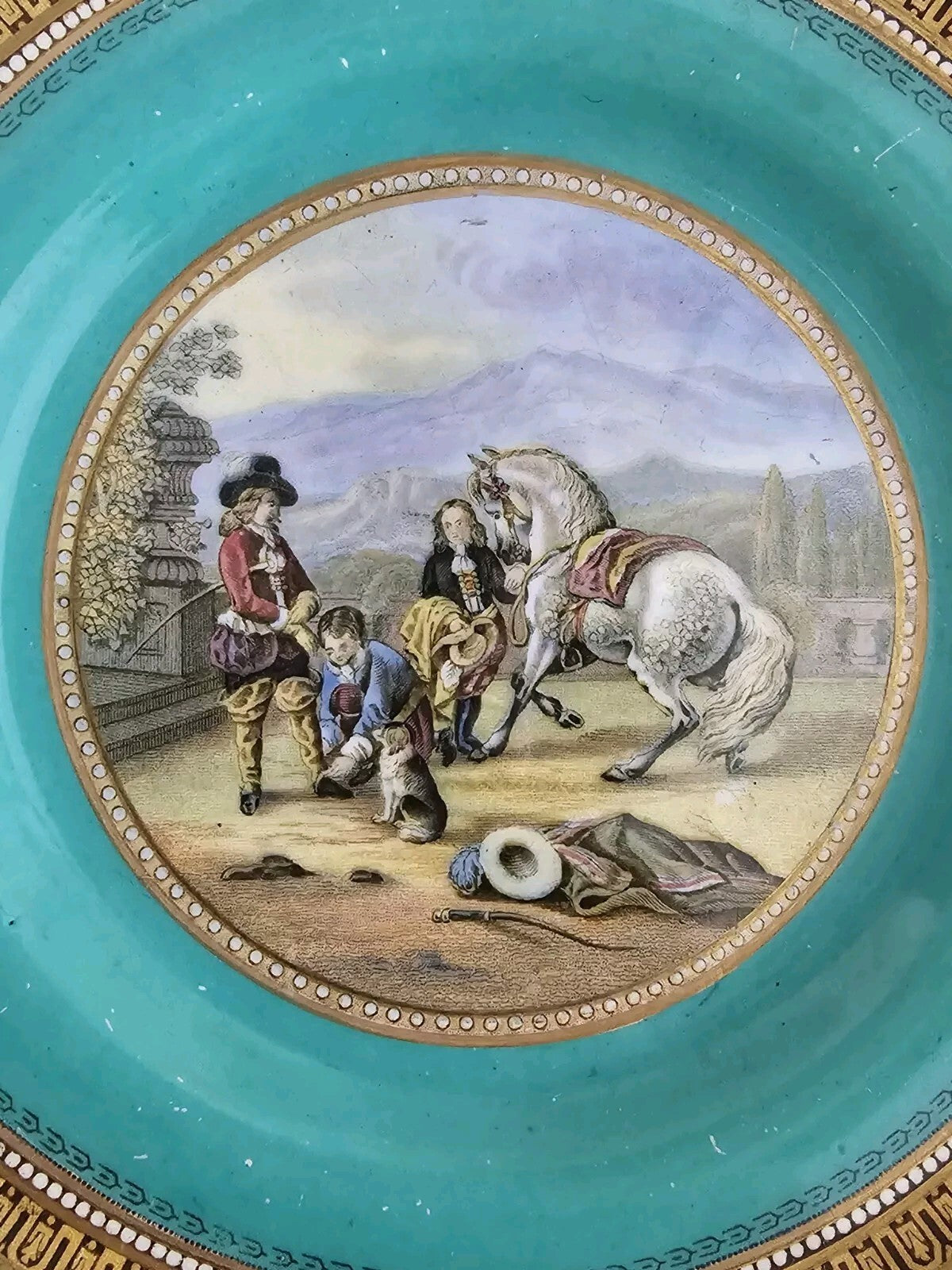 An Antique 19thC Prattware Plate with Green Boarder - Preparing for the Ride