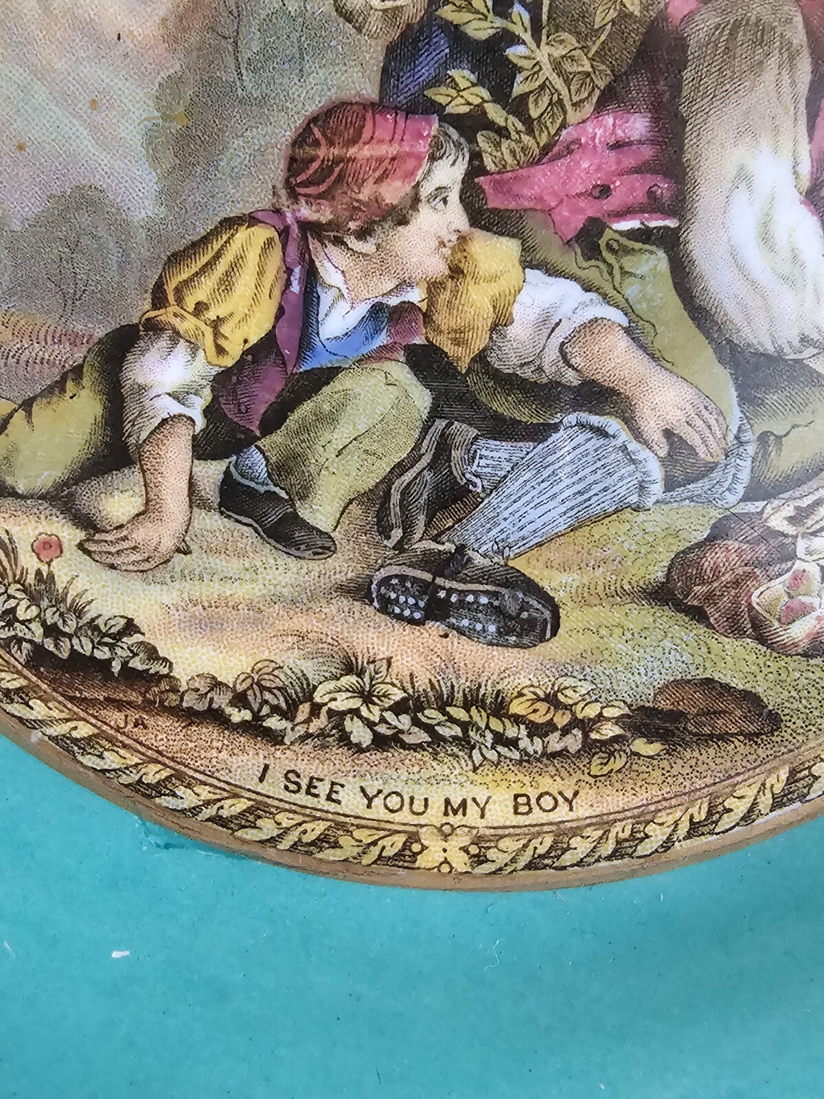 An Antique 19thC Prattware Plate with Green Boarder - I See You My Boy