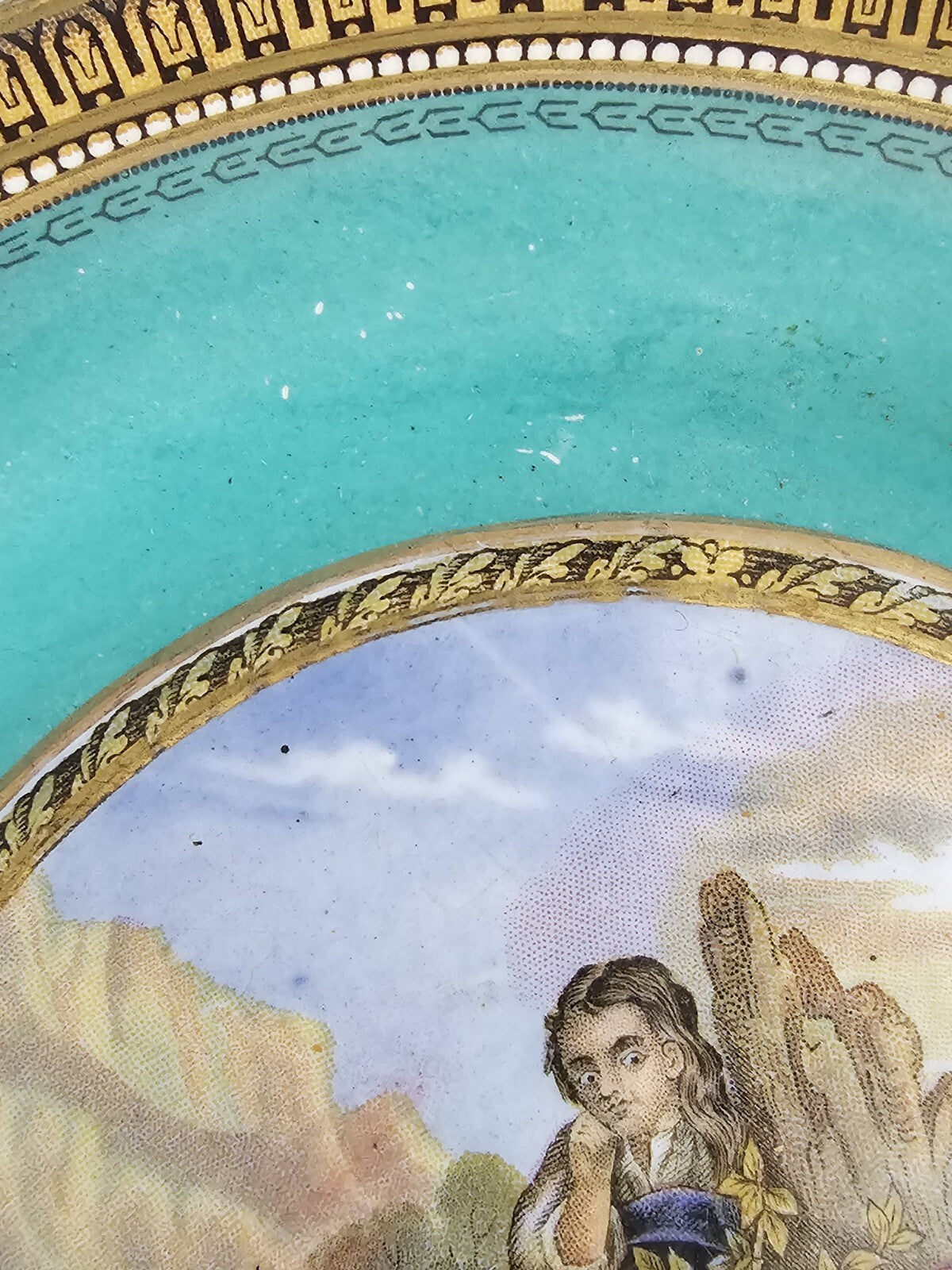 An Antique 19thC Prattware Plate with Green Boarder - I See You My Boy