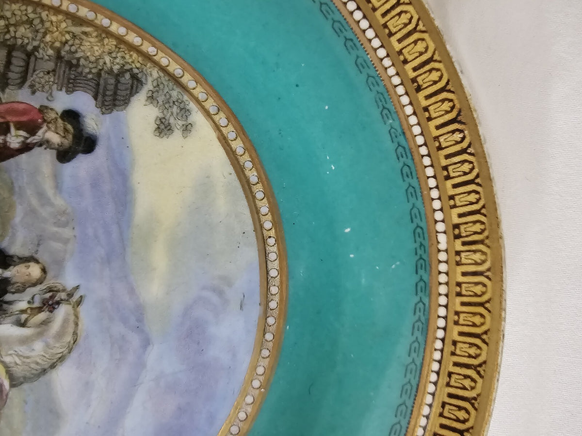 An Antique 19thC Prattware Plate with Green Boarder - Preparing for the Ride