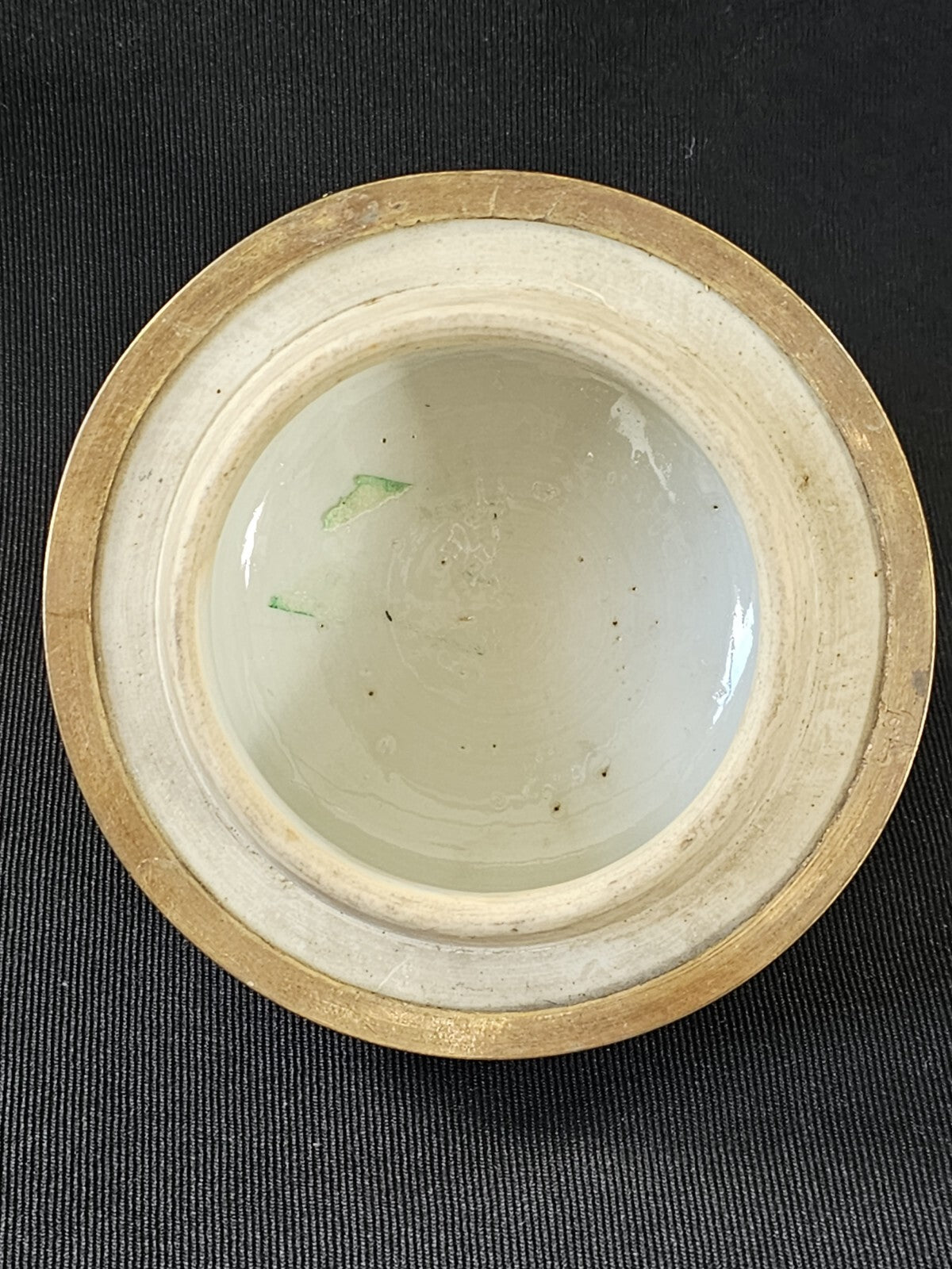 An Antique Chinese Porcelain Vase or Jar Cover, Encased in Brass