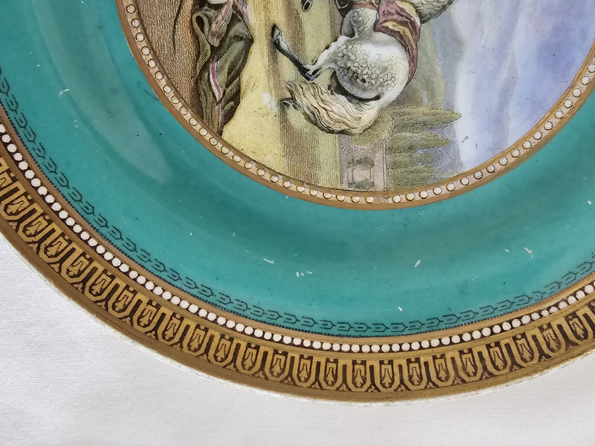 An Antique 19thC Prattware Plate with Green Boarder - Preparing for the Ride