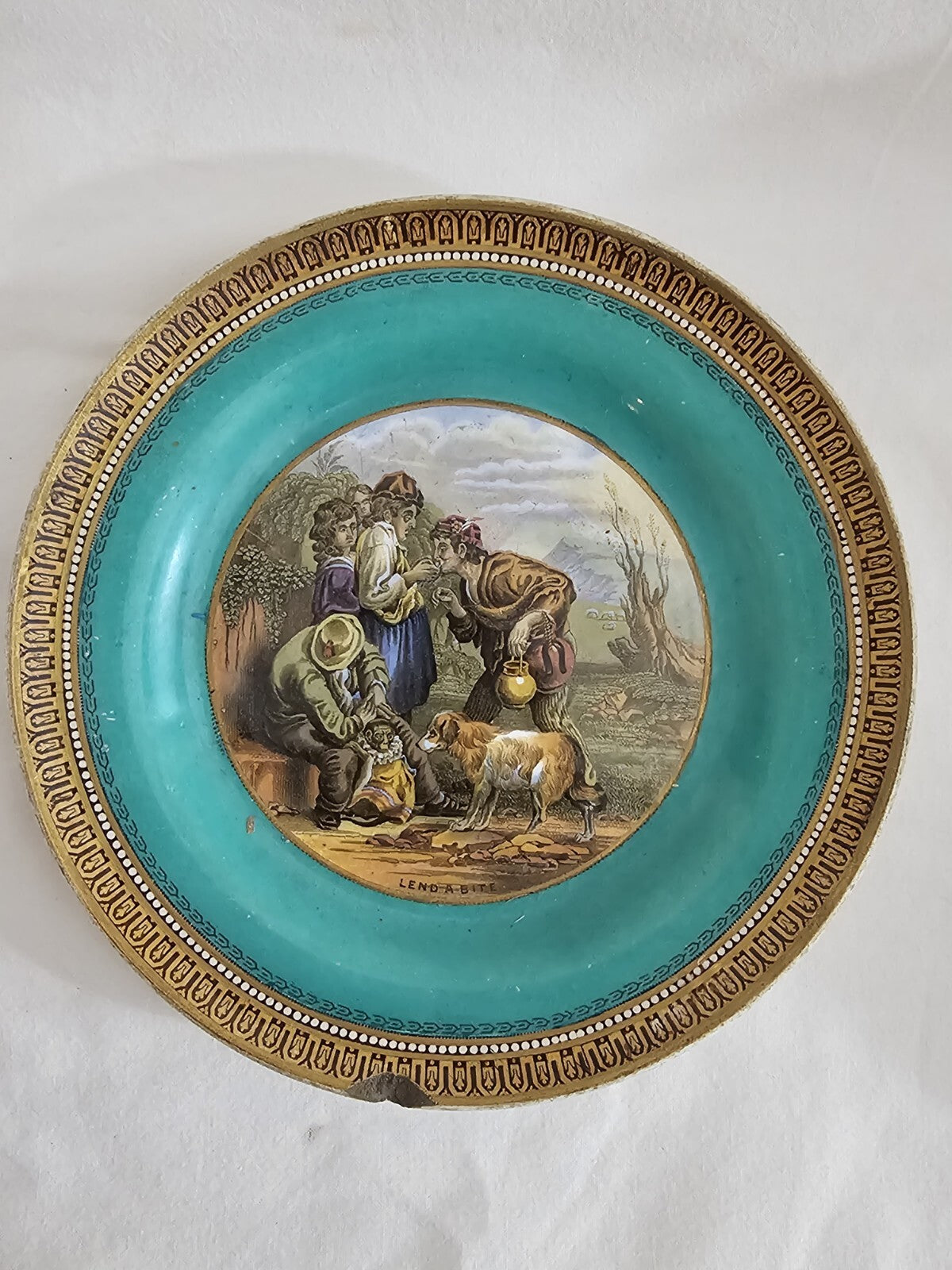 An Antique 19thC Prattware Plate with Green Boarder - Lend a Bite