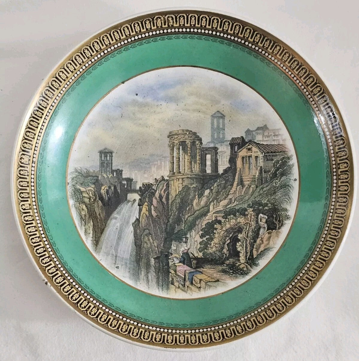 An Antique 19thC Prattware Saucer with Green Boarder - The Ruined Temple C1870's
