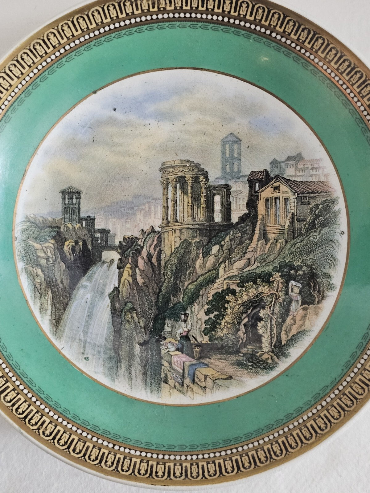 An Antique 19thC Prattware Saucer with Green Boarder - The Ruined Temple C1870's