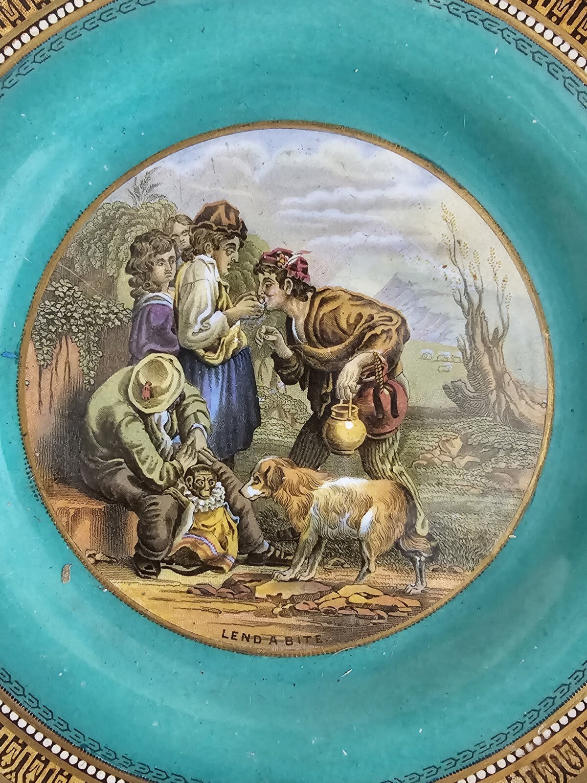 An Antique 19thC Prattware Plate with Green Boarder - Lend a Bite