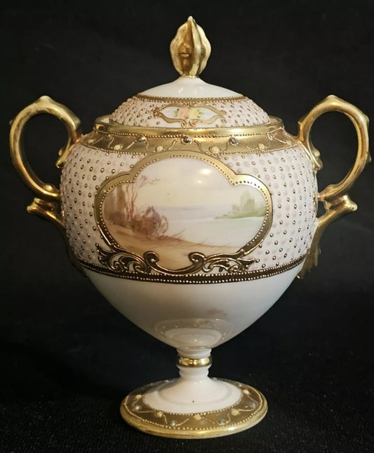 An Antique Noritake Twin Handle Vase & Cover, Hand Painted and Enamelled