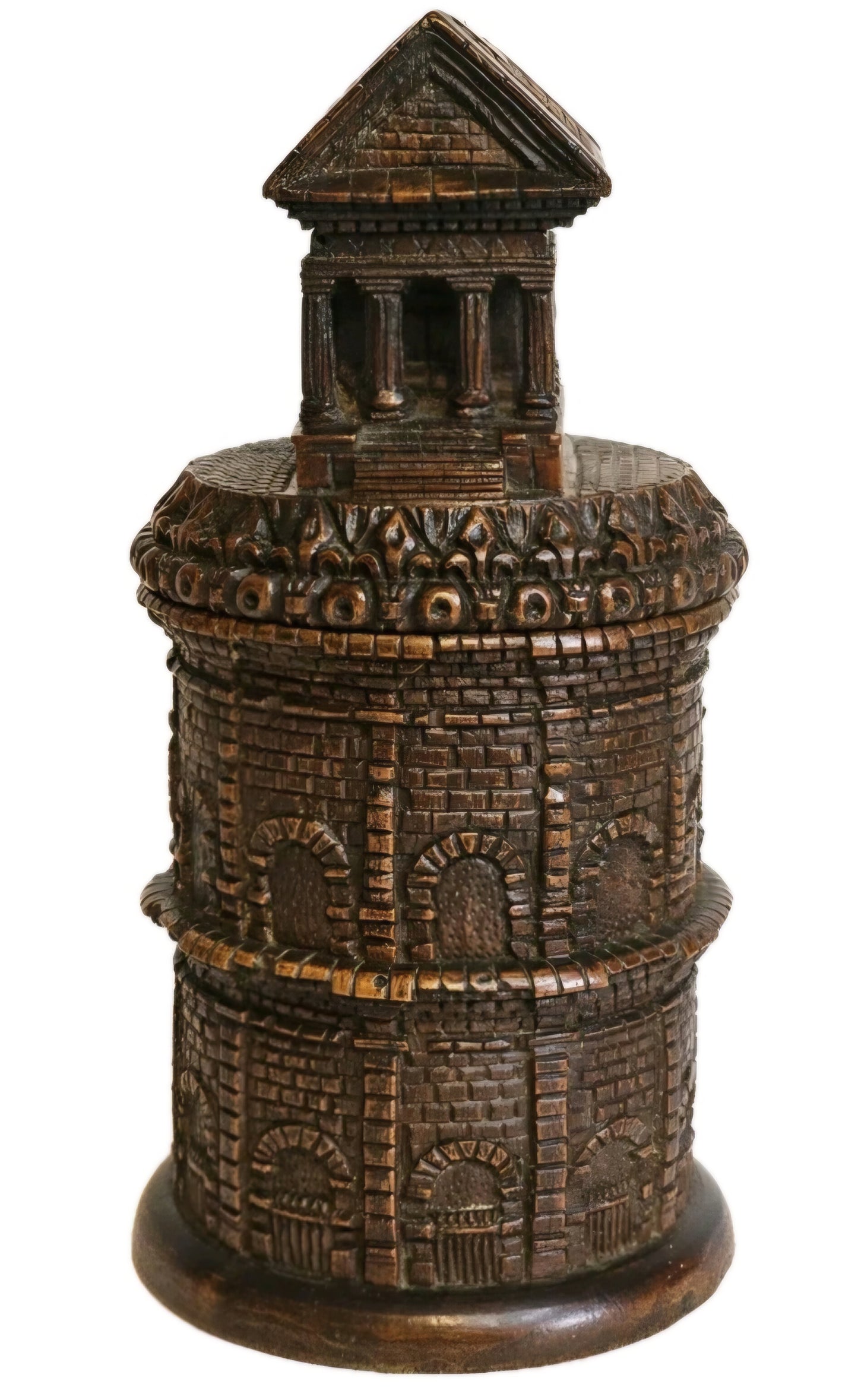 An Antique Treen Maison Carrée & Arènes Nîmes Shaped Tobacco Jar & Match House