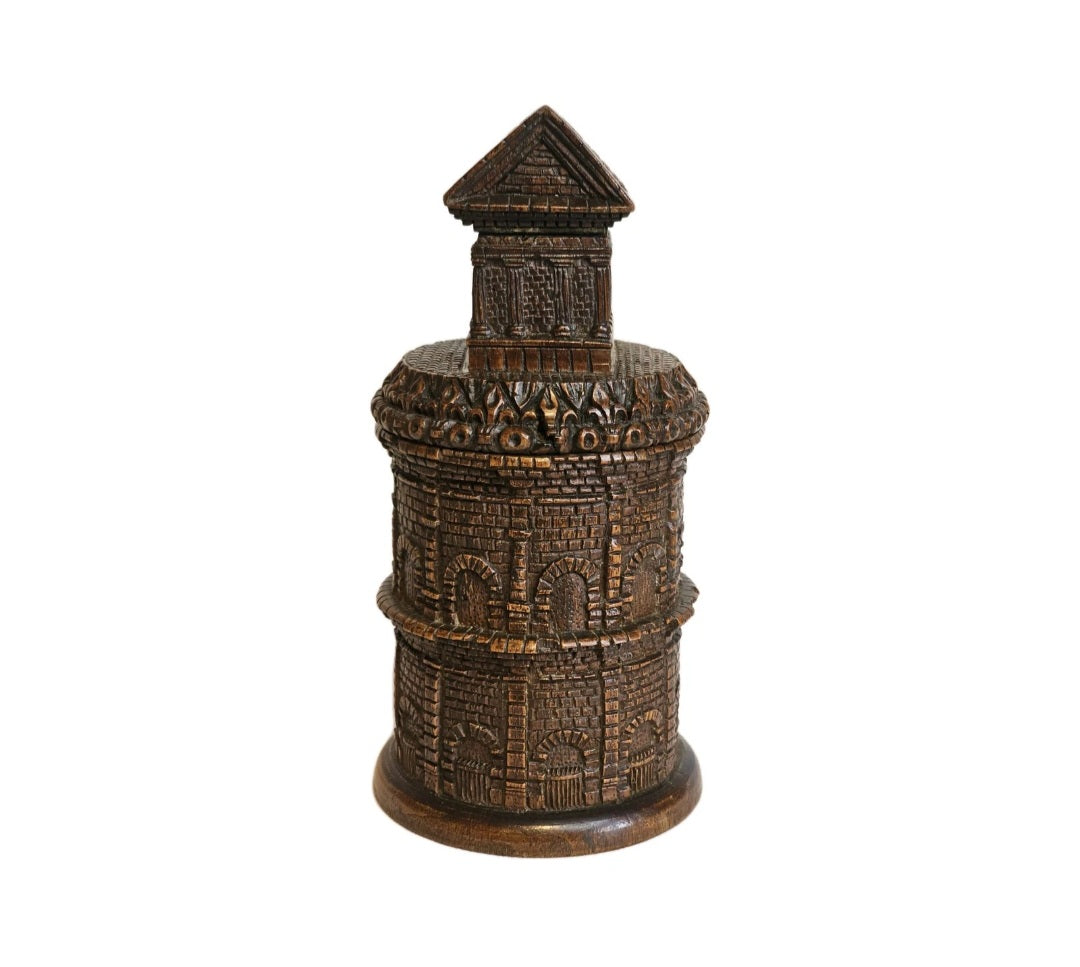 An Antique Treen Maison Carrée & Arènes Nîmes Shaped Tobacco Jar & Match House