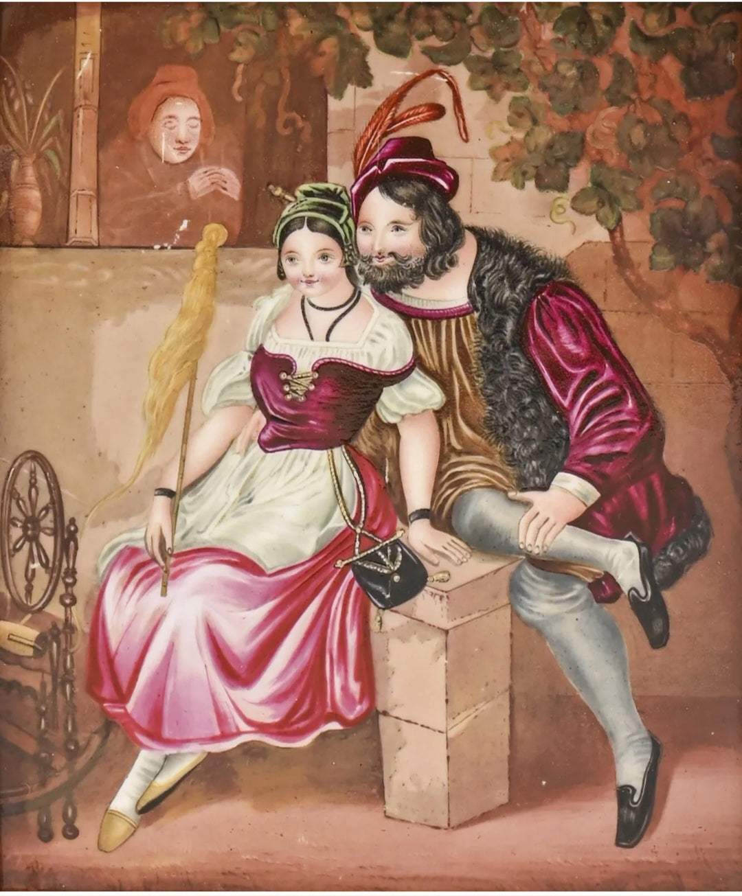 A porcelain plaque, 19th c, painted with a courting couple