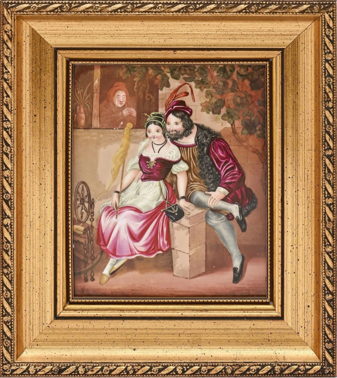 A porcelain plaque, 19th c, painted with a courting couple