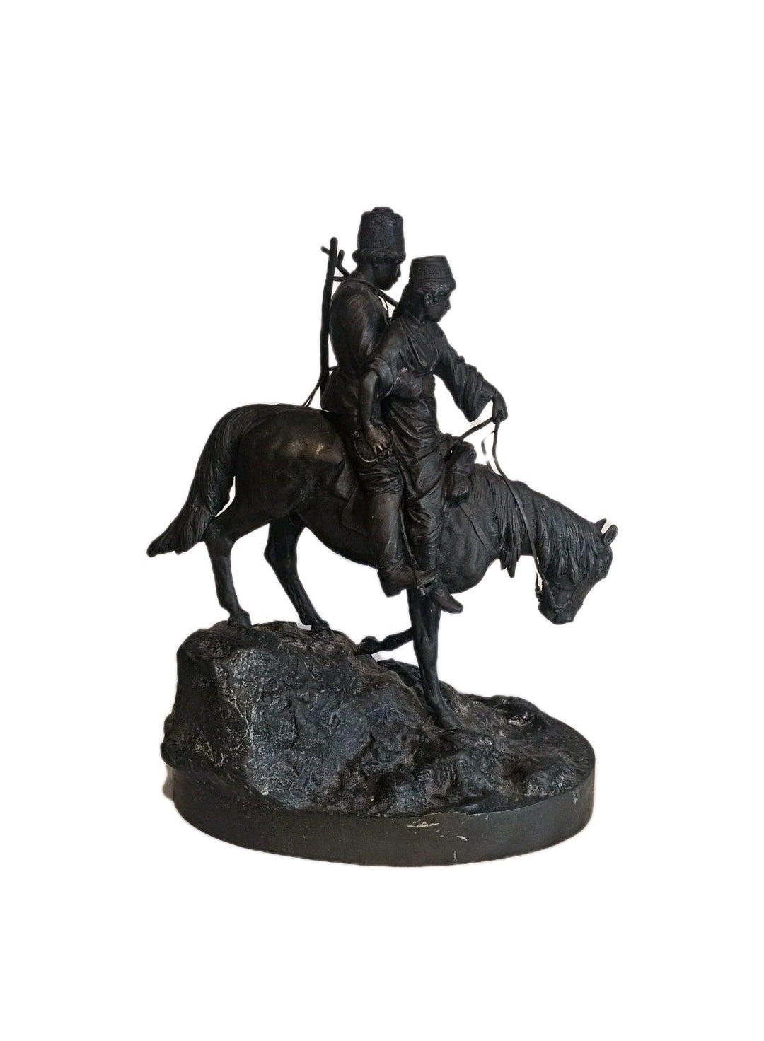 19thC A.M Bonegor (Russian) Bronze Sculpture of Two Cossacks on Horseback Signed