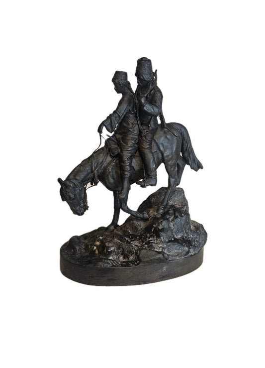 19thC A.M Bonegor (Russian) Bronze Sculpture of Two Cossacks on Horseback Signed