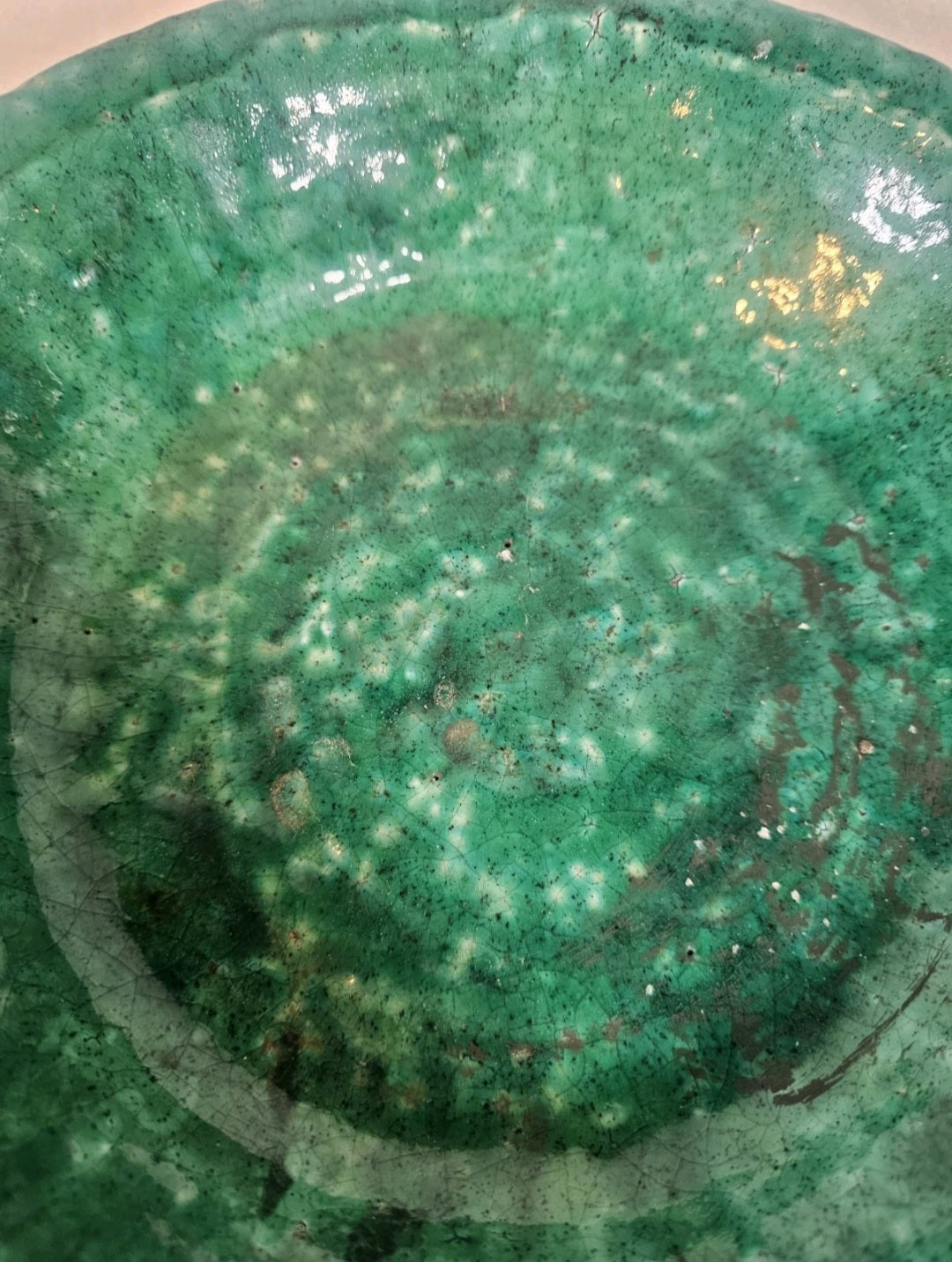 Vintage Mid Century Studio Pottery Brutish Style Jade Green Glazed Dish