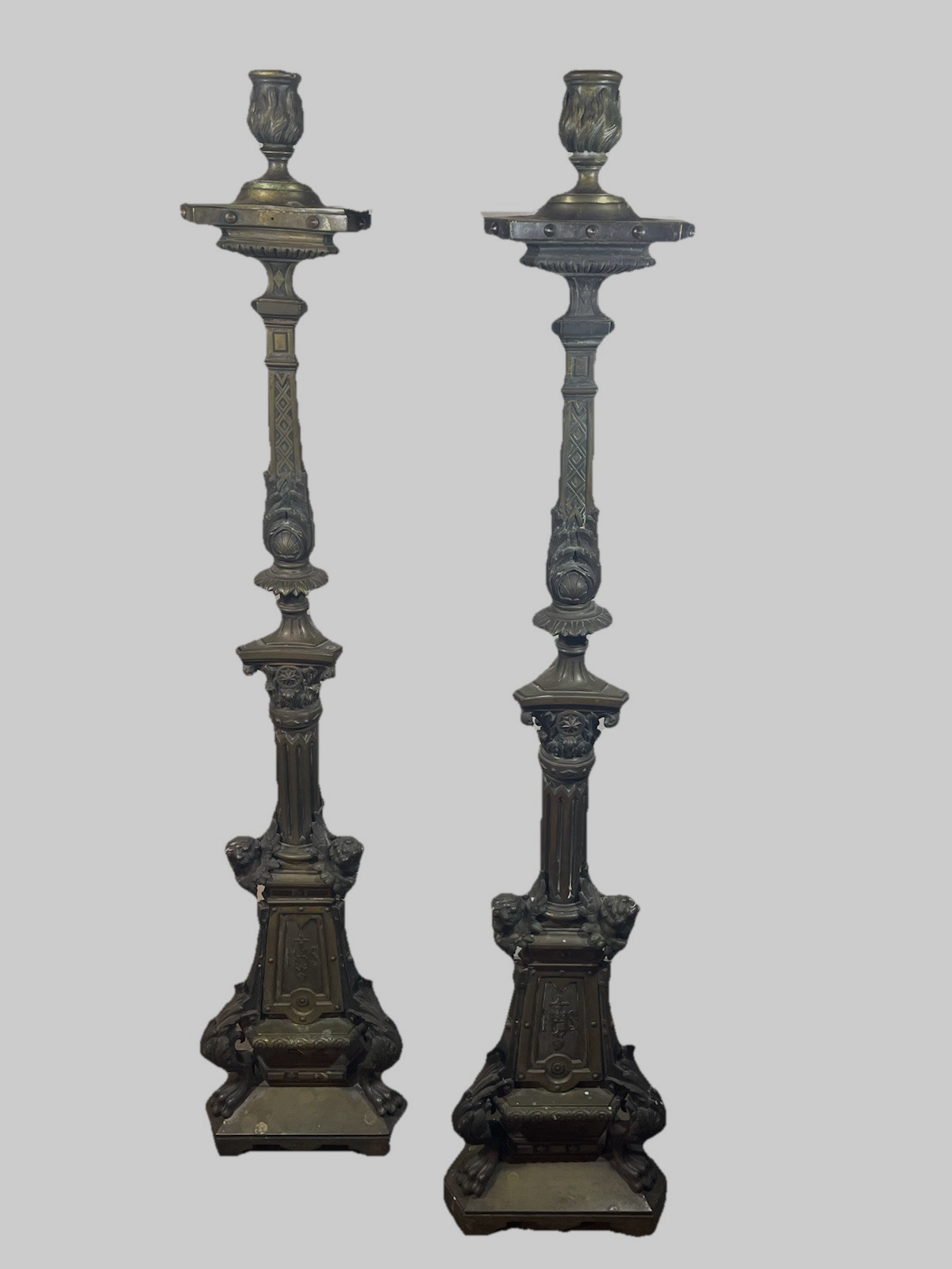 19th Century French Bronze Church Candlesticks Putti Pair