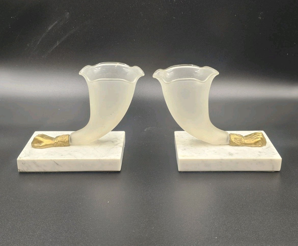 Antique Victorian Ormolu Mounted Cornucopia Vases White Marble Base Pair