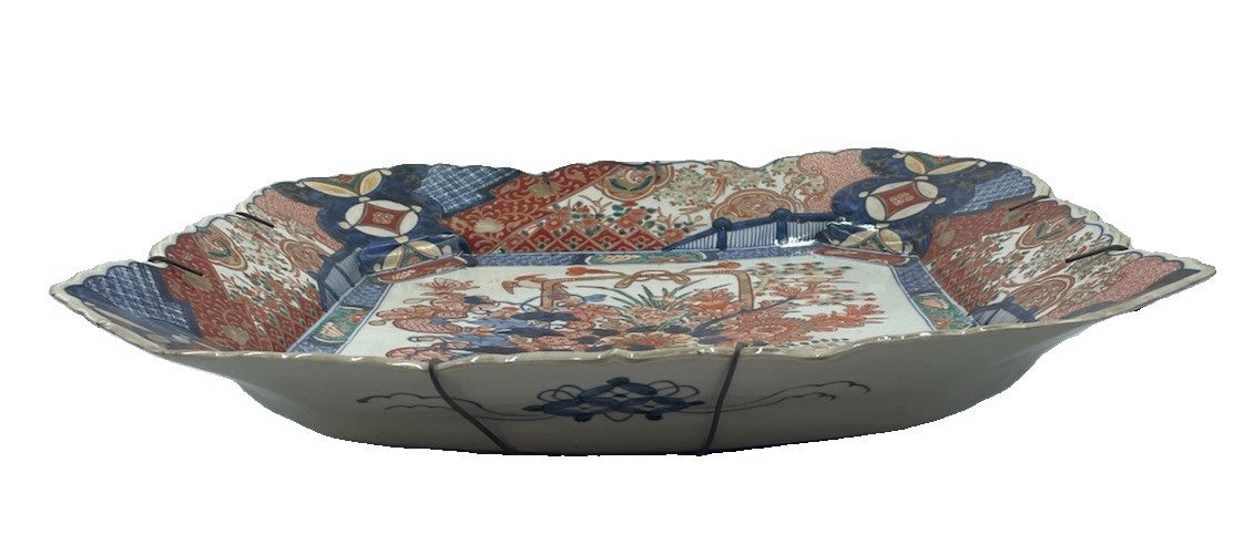 Antique Japanese Meiji Period Hand Painted Porcelain Square Charger