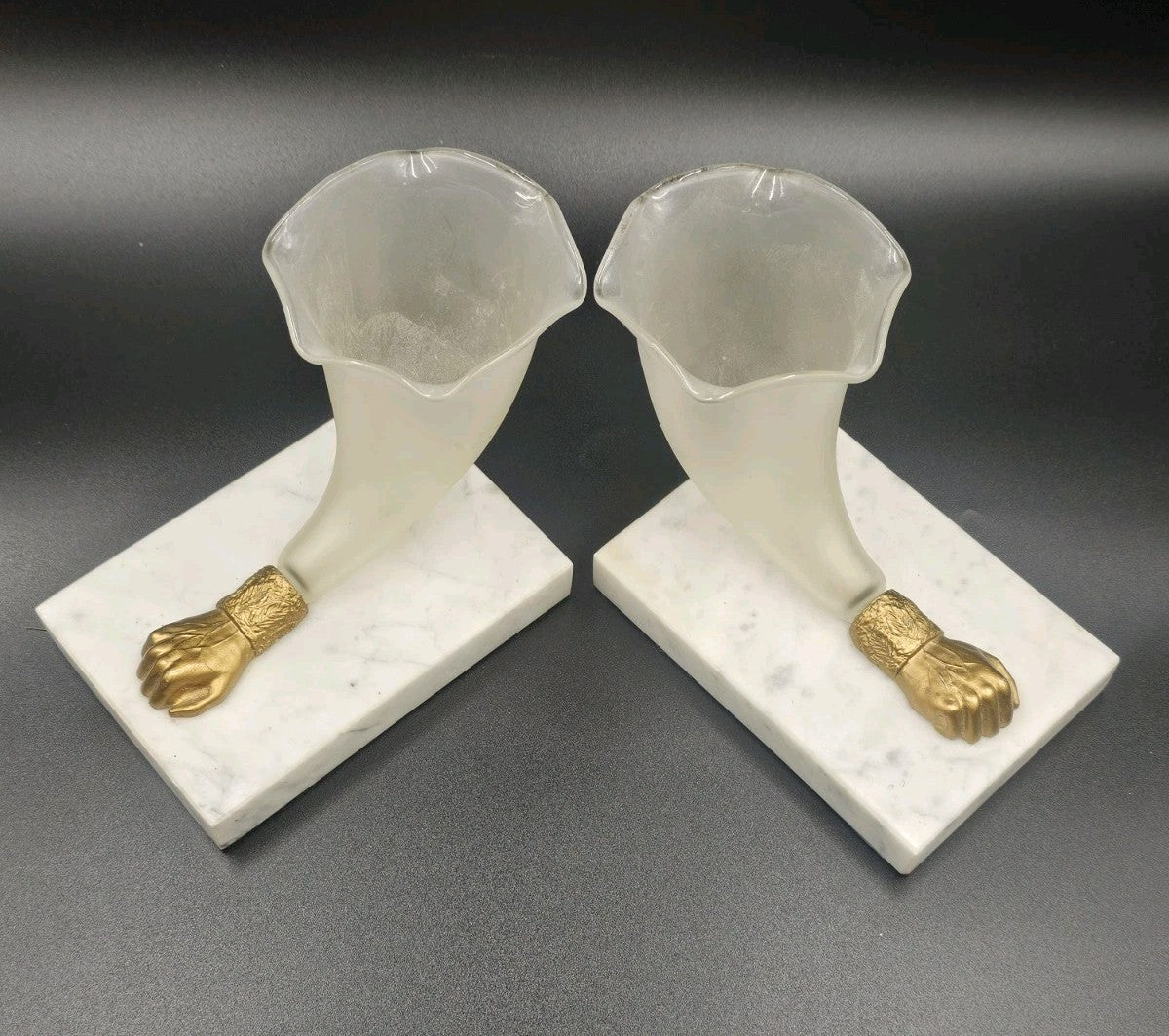 Antique Victorian Ormolu Mounted Cornucopia Vases White Marble Base Pair