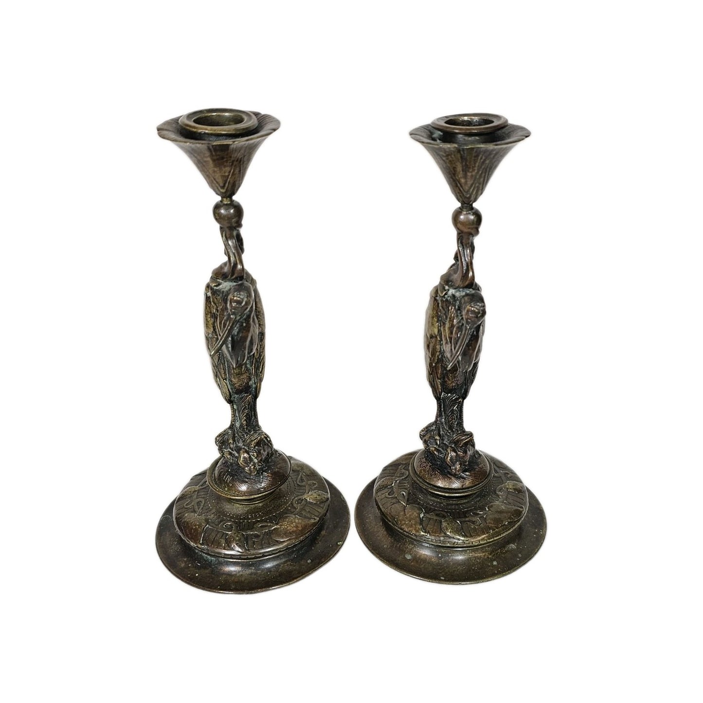 Auguste-Nicolas Cain Art Nouveau Bronze Heron Candlesticks Pair
