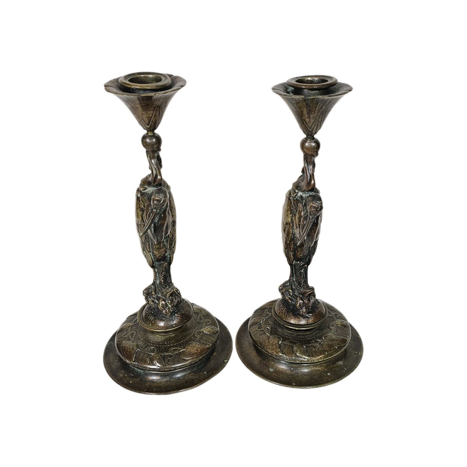 Auguste-Nicolas Cain Art Nouveau Bronze Heron Candlesticks Pair