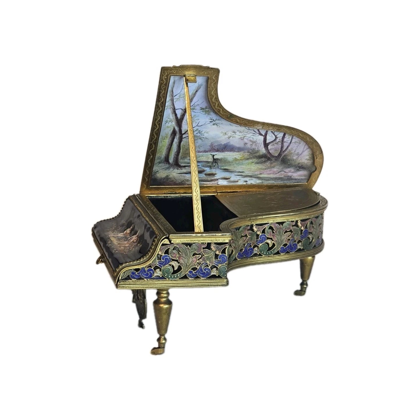 A 19thC French Musical Ormolu & Enamel Jewellery Box Modelled as a Grand Piano.