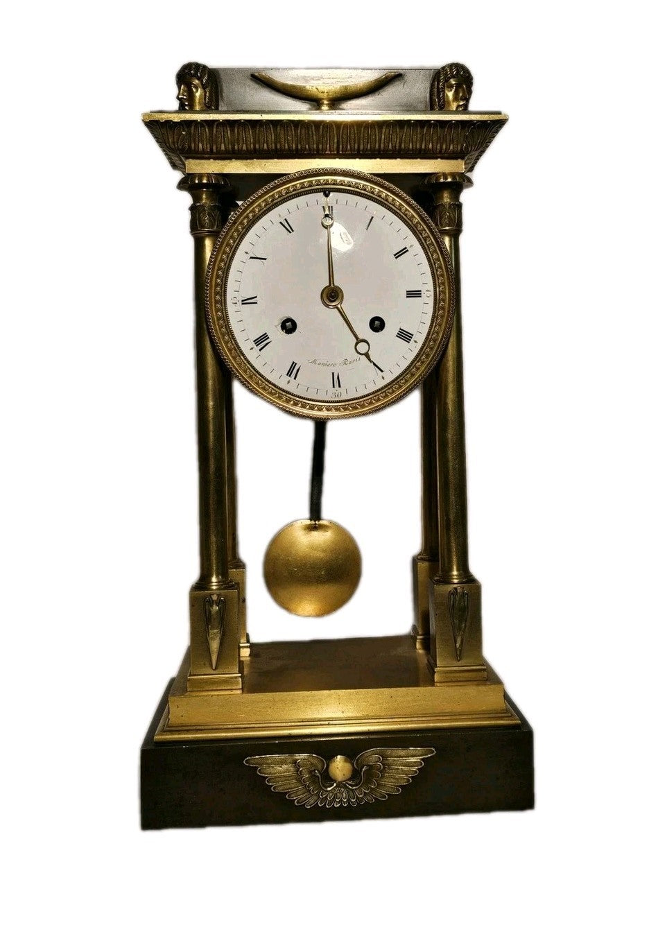 Antique French Brass Egyptian Revival Portico Clock Manière