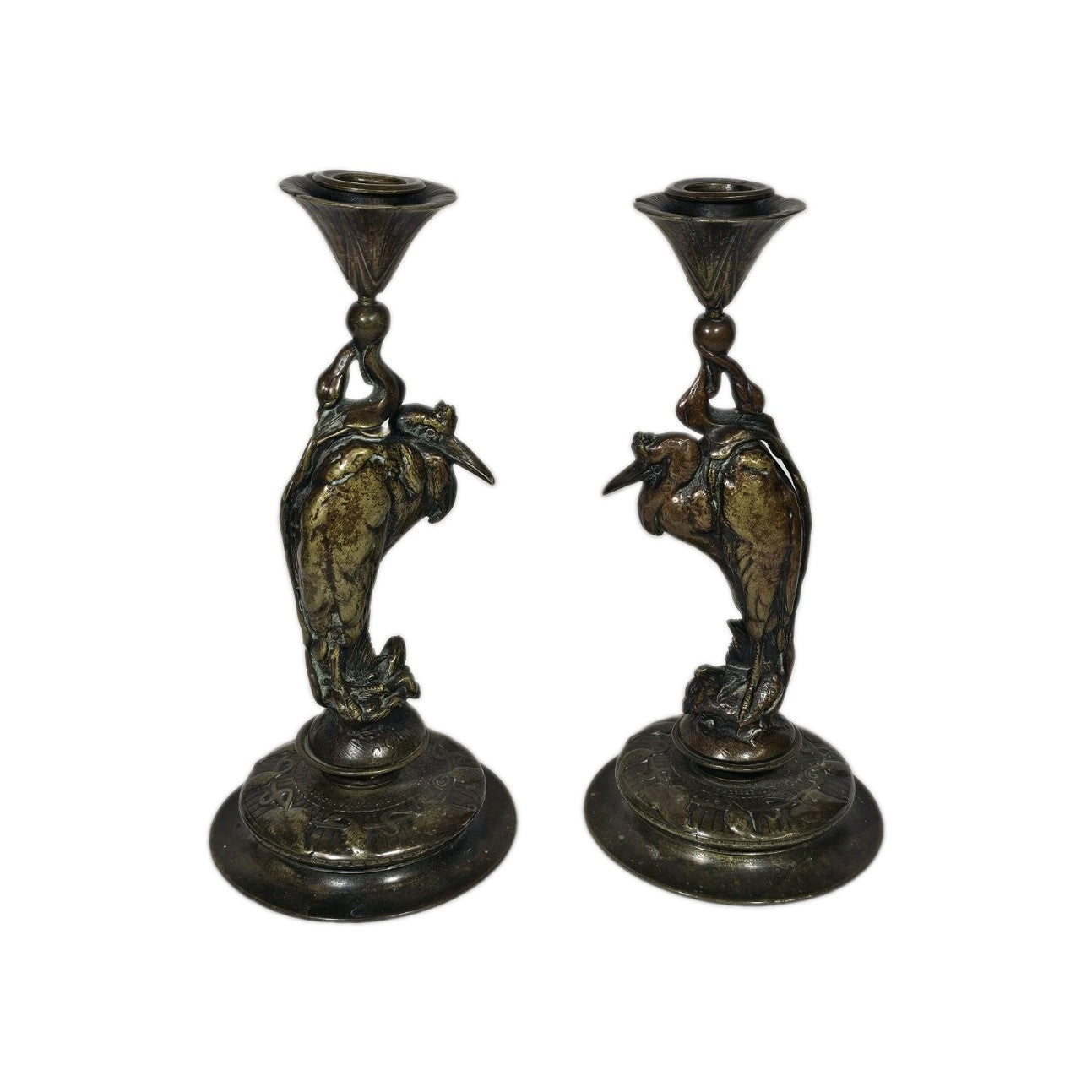 Auguste-Nicolas Cain Art Nouveau Bronze Heron Candlesticks Pair