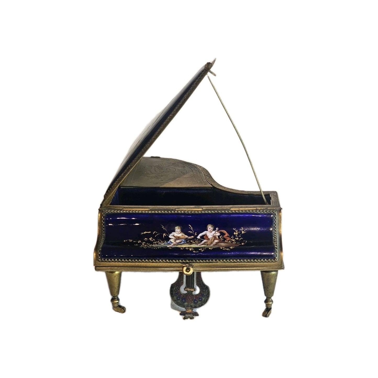 A 19thC French Musical Ormolu & Enamel Jewellery Box Modelled as a Grand Piano.