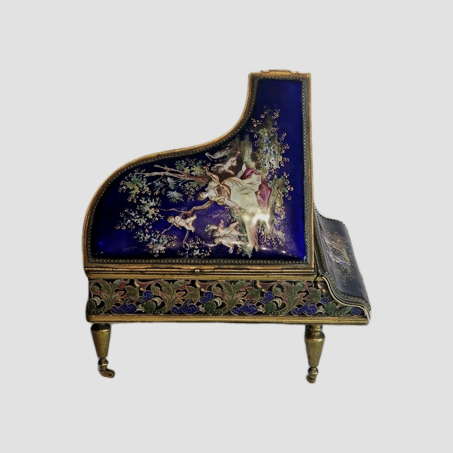 A 19thC French Musical Ormolu & Enamel Jewellery Box Modelled as a Grand Piano.
