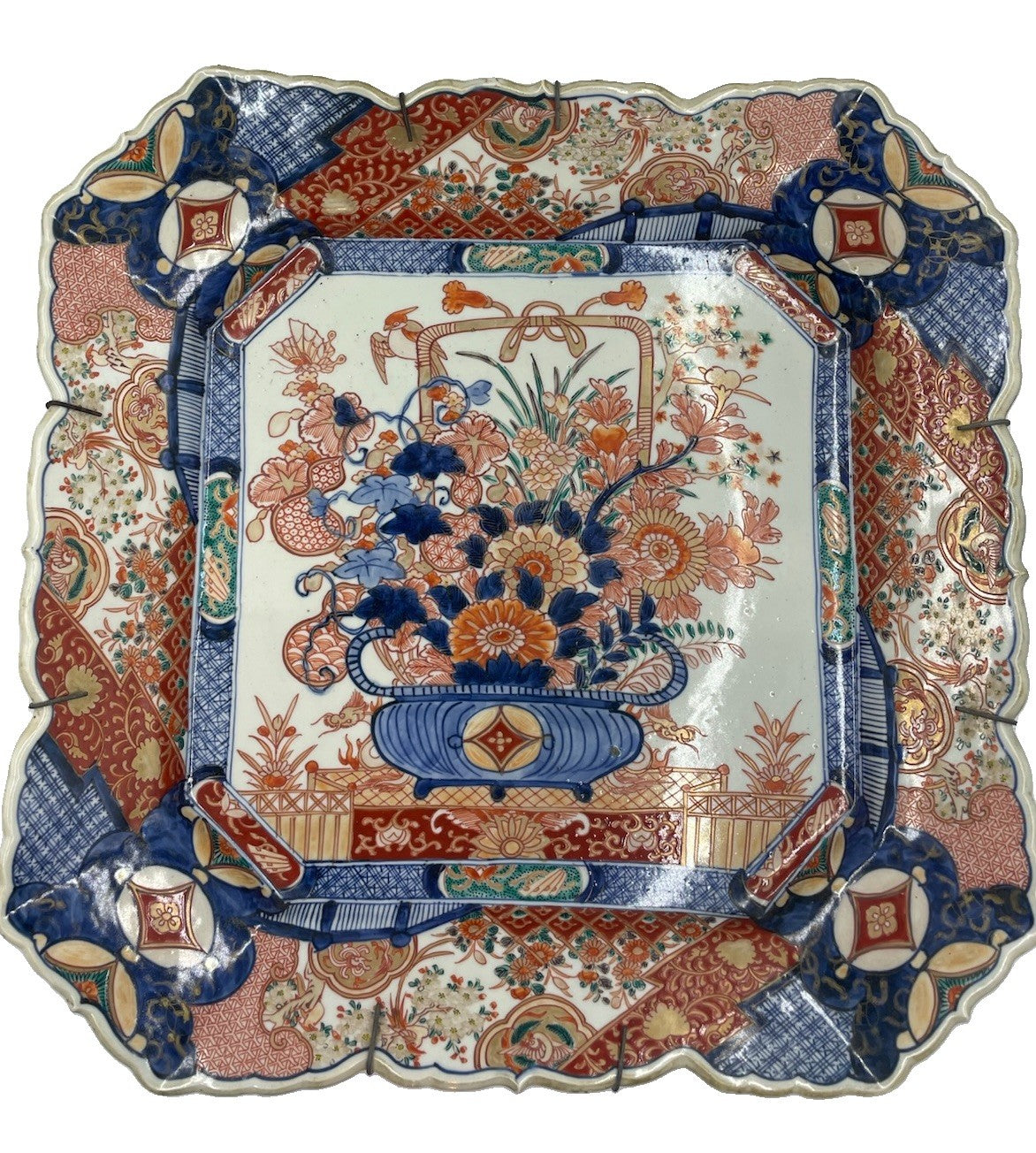 Antique Japanese Meiji Period Hand Painted Porcelain Square Charger