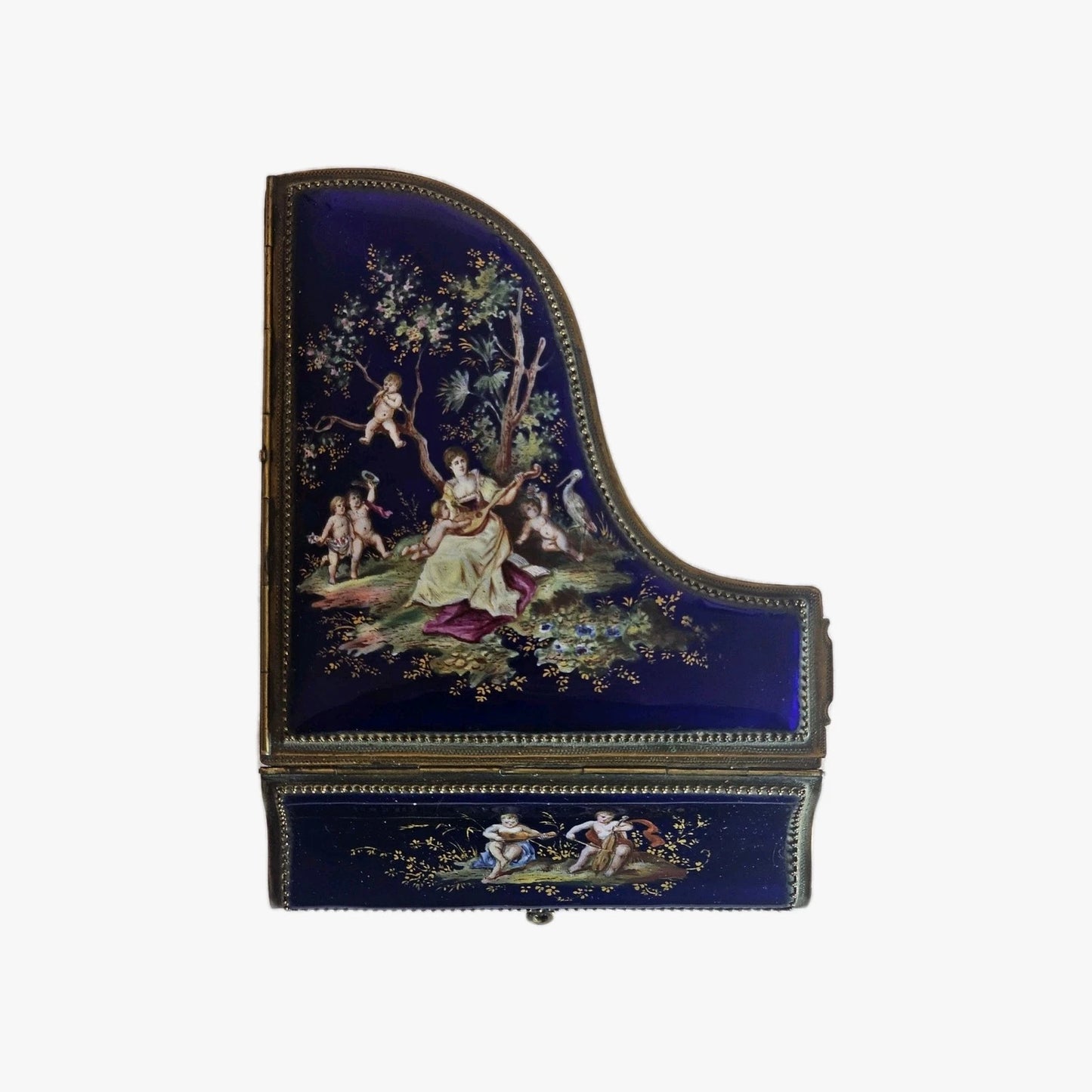 A 19thC French Musical Ormolu & Enamel Jewellery Box Modelled as a Grand Piano.