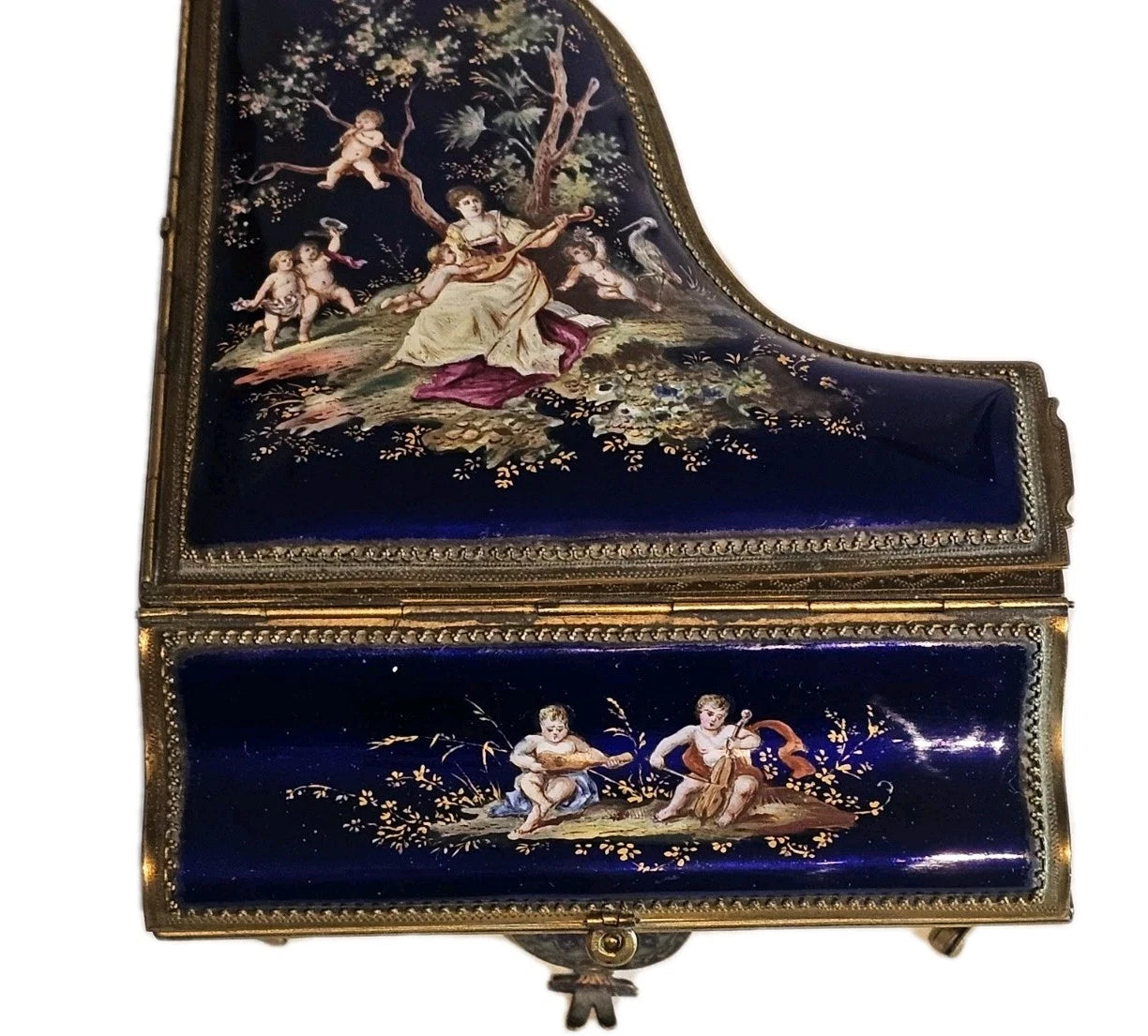 A 19thC French Musical Ormolu & Enamel Jewellery Box Modelled as a Grand Piano.