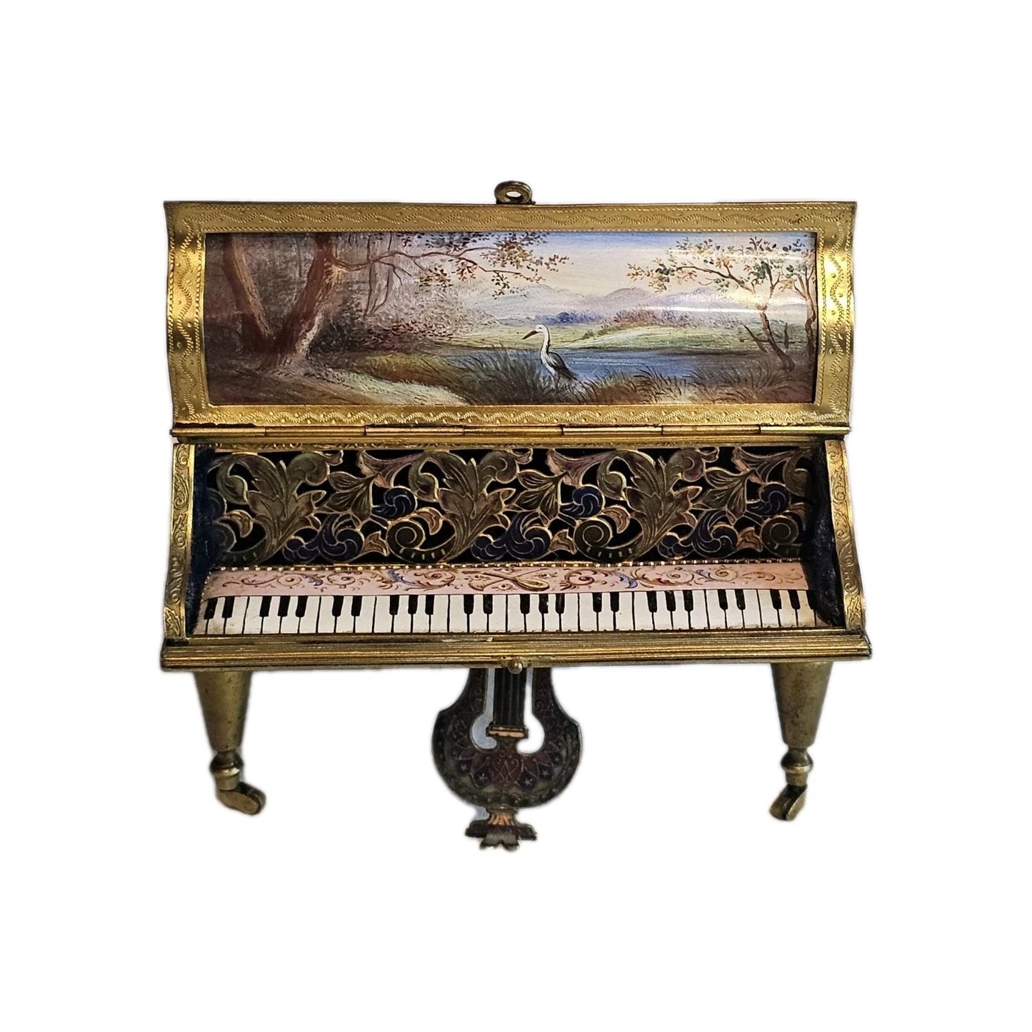 A 19thC French Musical Ormolu & Enamel Jewellery Box Modelled as a Grand Piano.