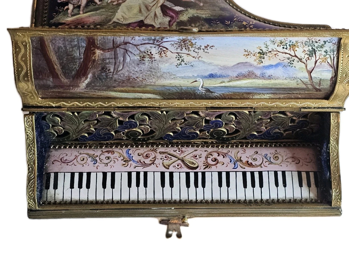 A 19thC French Musical Ormolu & Enamel Jewellery Box Modelled as a Grand Piano.