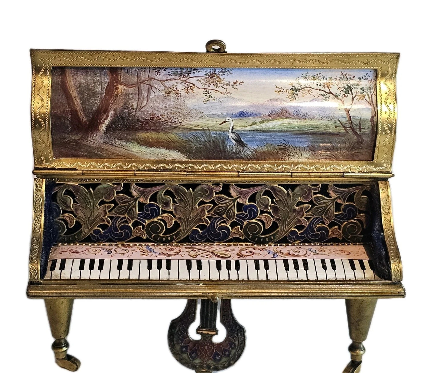A 19thC French Musical Ormolu & Enamel Jewellery Box Modelled as a Grand Piano.