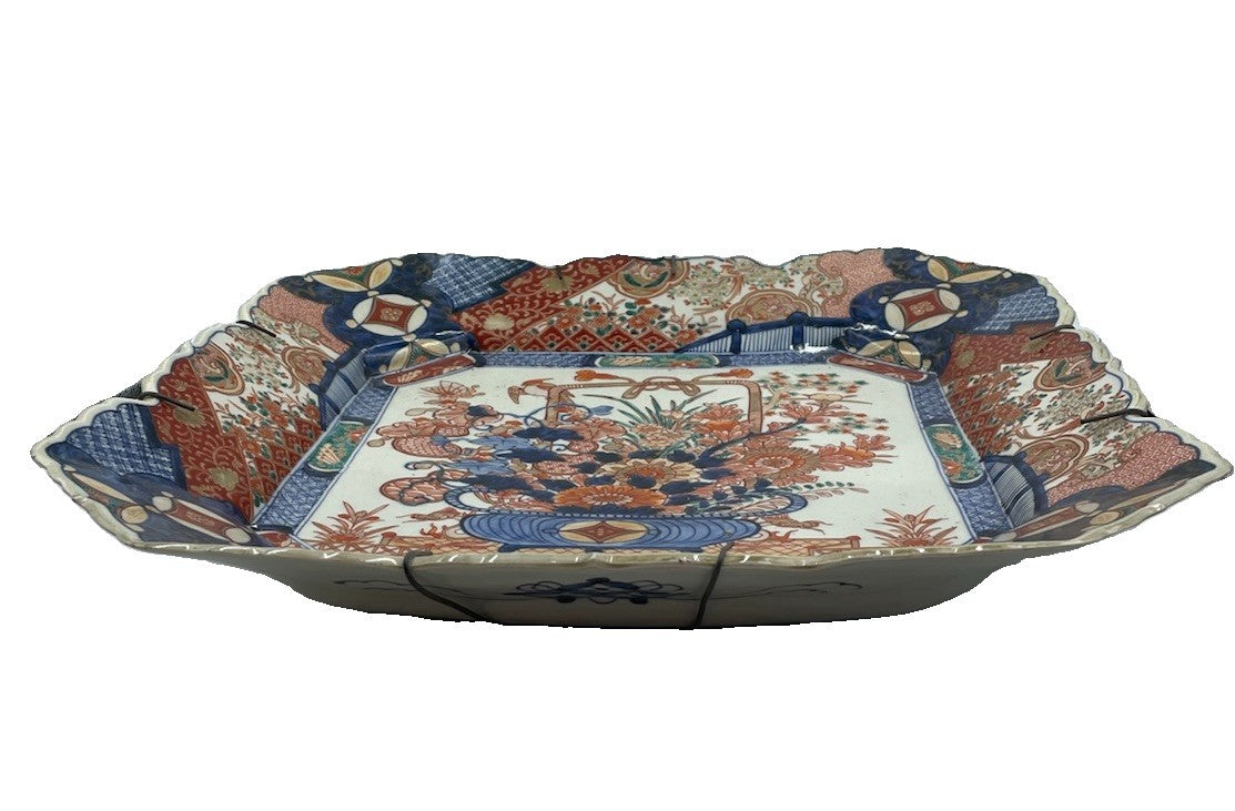 Antique Japanese Meiji Period Hand Painted Porcelain Square Charger