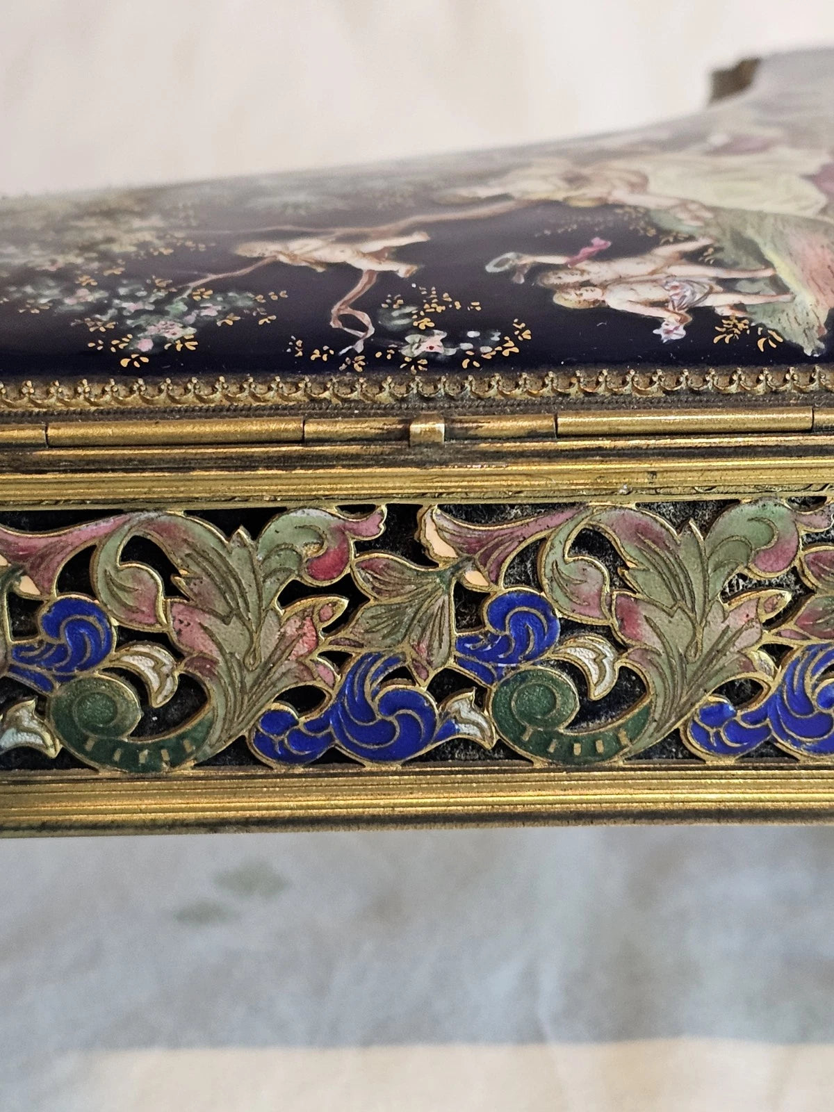 A 19thC French Musical Ormolu & Enamel Jewellery Box Modelled as a Grand Piano.