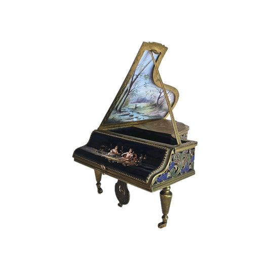 A 19thC French Musical Ormolu & Enamel Jewellery Box Modelled as a Grand Piano.