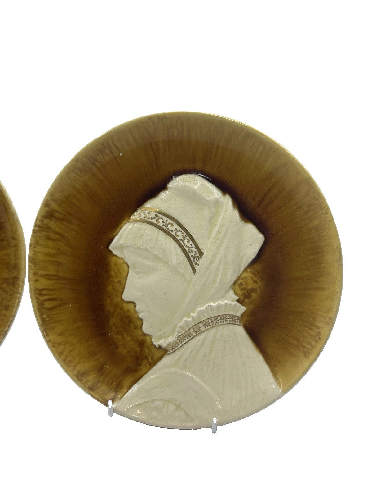 Antique Sarreguemines Majolica Portrait Plates C1885 Pair