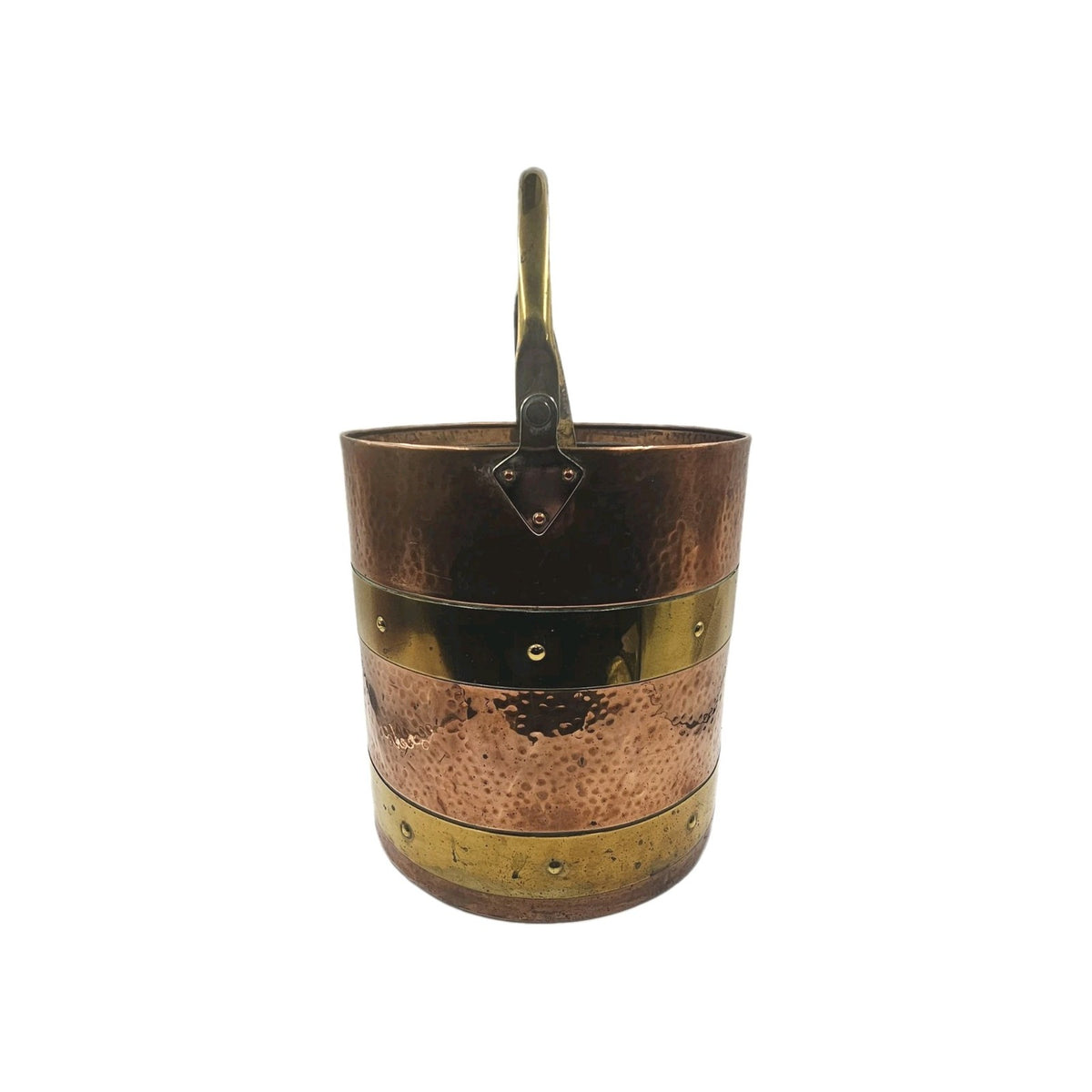 Antique Victorian Hammered Copper Coal Log Bucket Brass Bands
