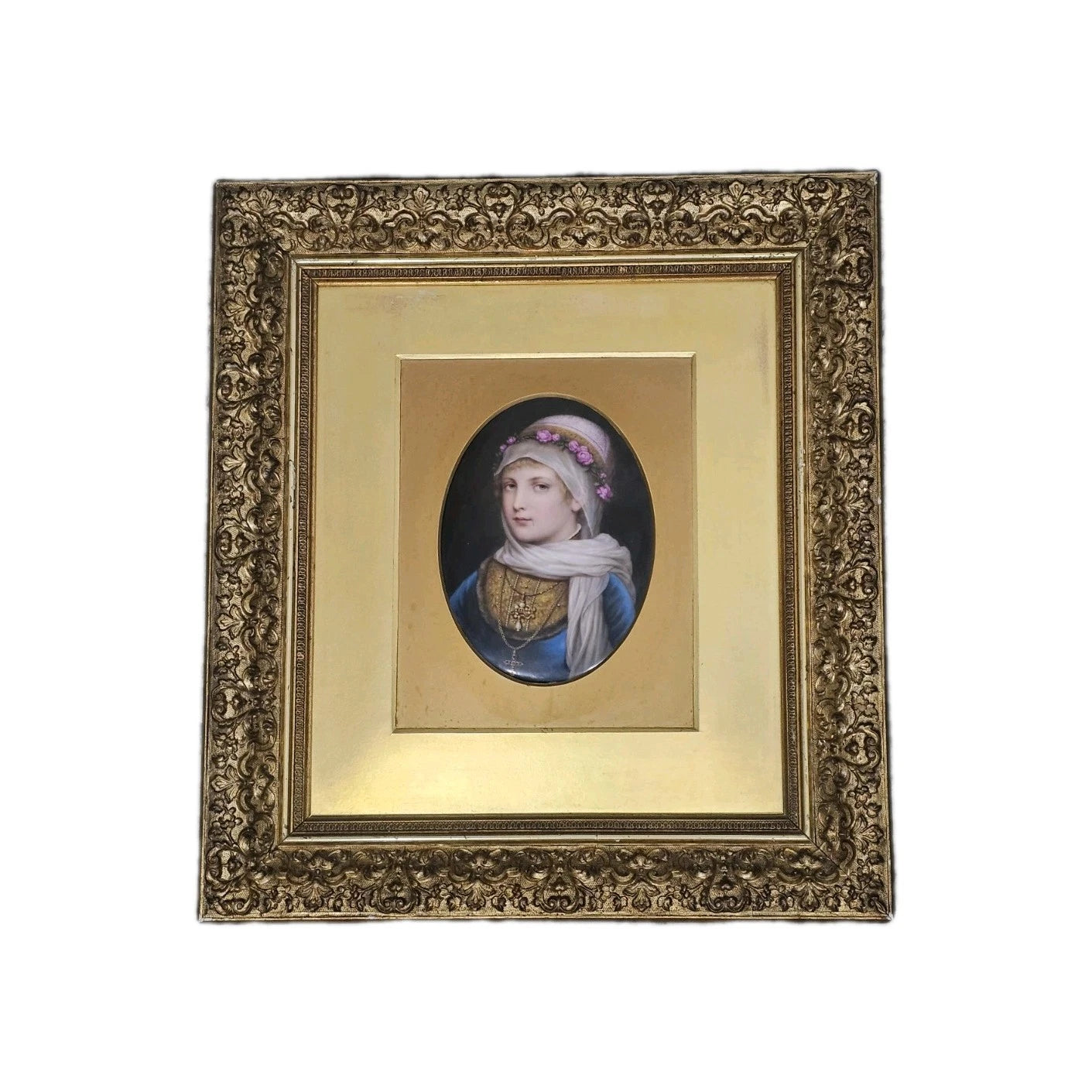 A 19thC German Porcelain Plaque of a Portrait of a Young Woman, Gilt Framed