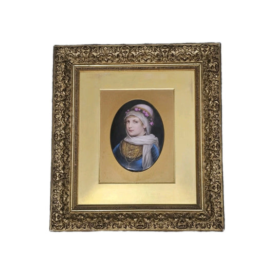 A 19thC German Porcelain Plaque of a Portrait of a Young Woman, Gilt Framed