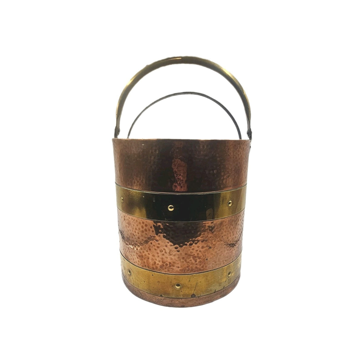 Antique Victorian Hammered Copper Coal Log Bucket Brass Bands