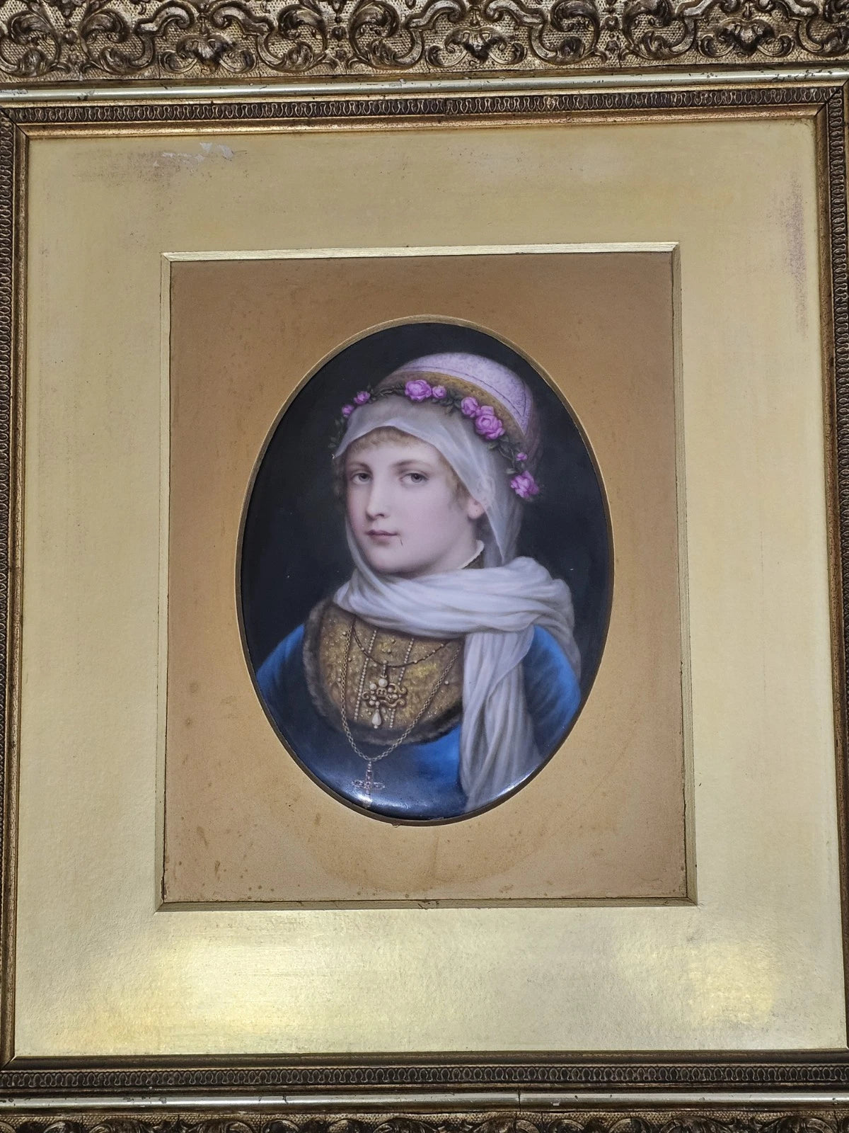 A 19thC German Porcelain Plaque of a Portrait of a Young Woman, Gilt Framed