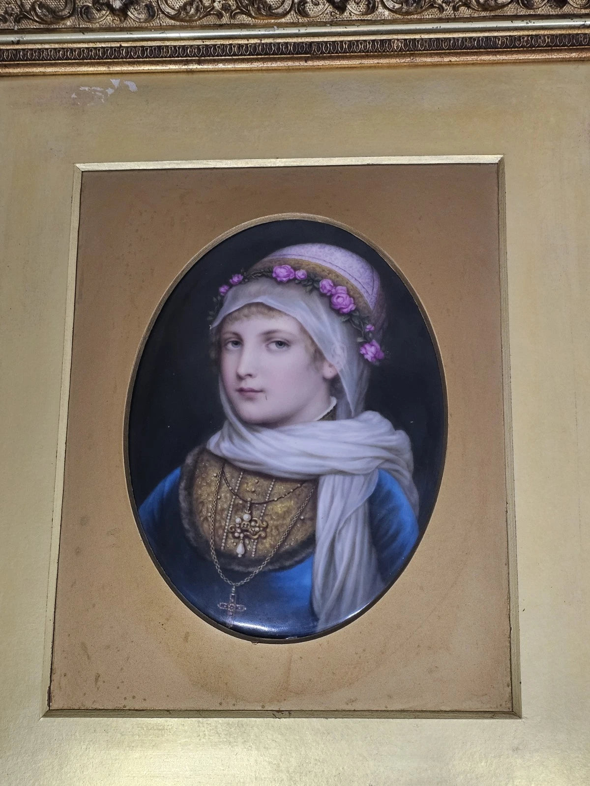 A 19thC German Porcelain Plaque of a Portrait of a Young Woman, Gilt Framed